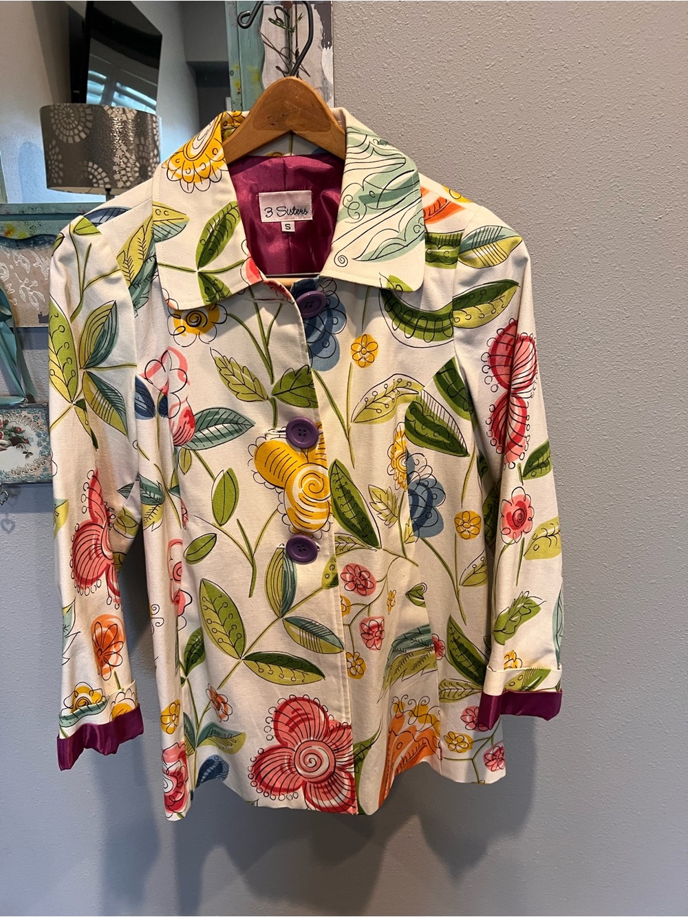 3 Sisters White Floral Cotton Blazer with Multicolor Accents